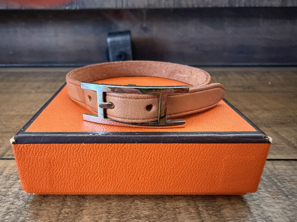 Hermes Paris Brown Leather H Logo Wrap Bracelet 7 In Silver Buckle Box Gift